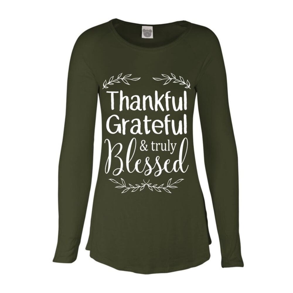 NEW NWT Boutique Long Sleeve Olive Green Thankful Grateful & Truly Blessed Tee S